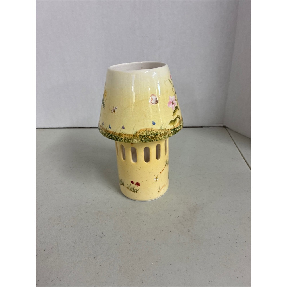 Home Interiors Yellow Floral Butterfly Ceramic Jar Candle Topper and Base Set